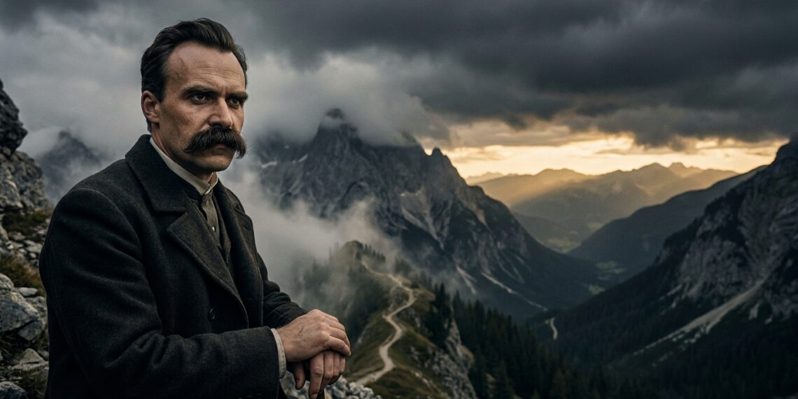 Representação hiper-realista do filósofo Friedrich Nietzsche diante de uma paisagem montanhosa, simbolizando a busca por propósito nos momentos difíceis.