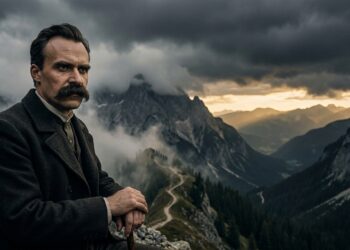Representação hiper-realista do filósofo Friedrich Nietzsche diante de uma paisagem montanhosa, simbolizando a busca por propósito nos momentos difíceis.