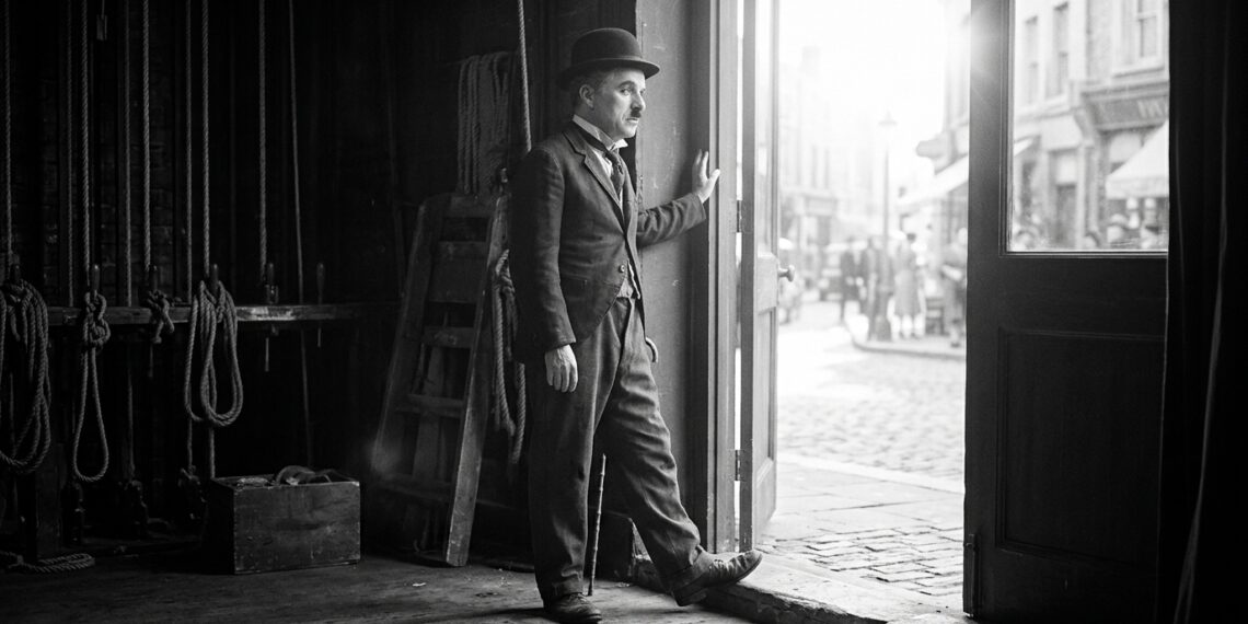 Representação artística de Charles Chaplin diante de uma passagem iluminada, simbolizando a coragem de enfrentar o desconhecido.