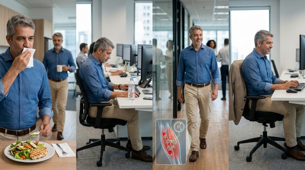 Sequência mostra refeição, longo período sentado e uma caminhada curta durante o expediente.