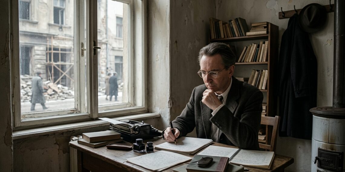 Viktor Frankl escreve em silêncio enquanto reflete diante de uma realidade que não pode ser alterada.