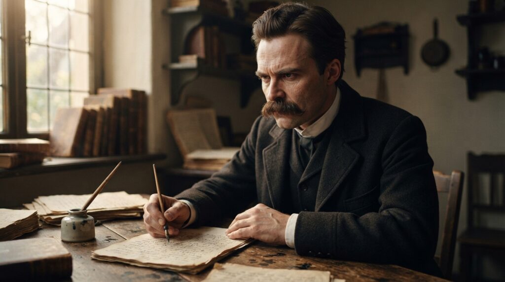 Representação histórica de Friedrich Nietzsche escrevendo à mesa, cercado por livros e manuscritos em um ambiente europeu do século XIX.