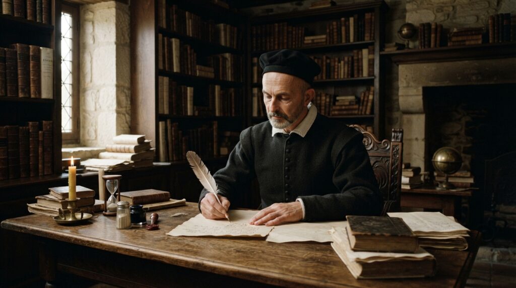 Reconstituição de Michel de Montaigne escrevendo com uma pena em seu gabinete, cercado por livros e manuscritos antigos.