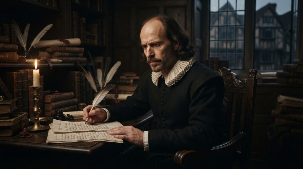 Representação artística de William Shakespeare em um escritório elisabetano, refletindo diante de um manuscrito.