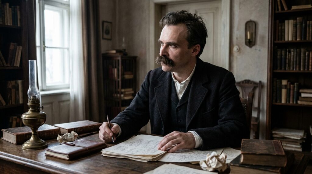 Reconstrução histórica do filósofo Friedrich Nietzsche sentado em um escritório do século XIX, cercado por livros e manuscritos.
