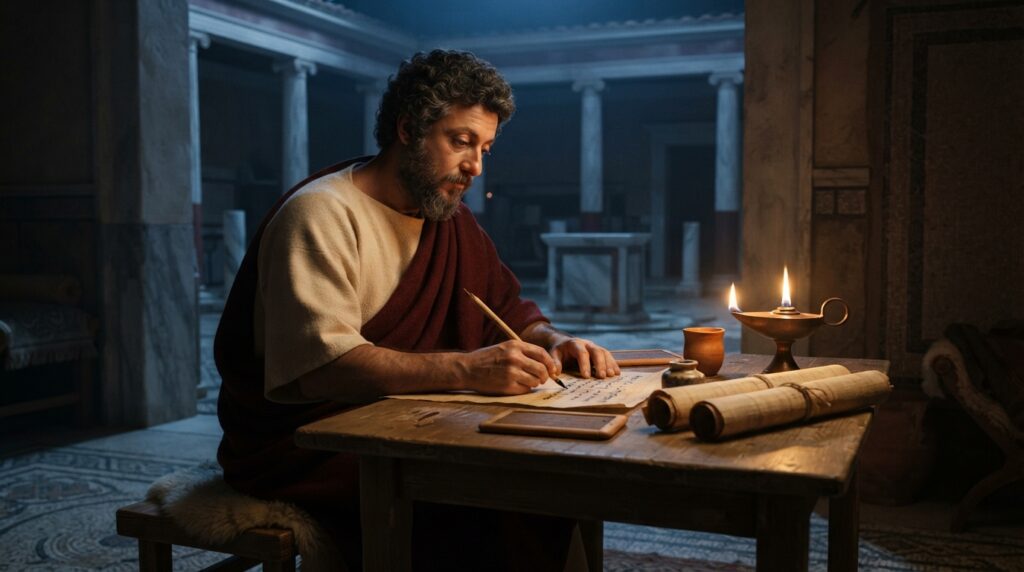 Representação de Marco Aurélio escrevendo reflexões em um manuscrito durante a noite, iluminado por uma lamparina em um ambiente romano.