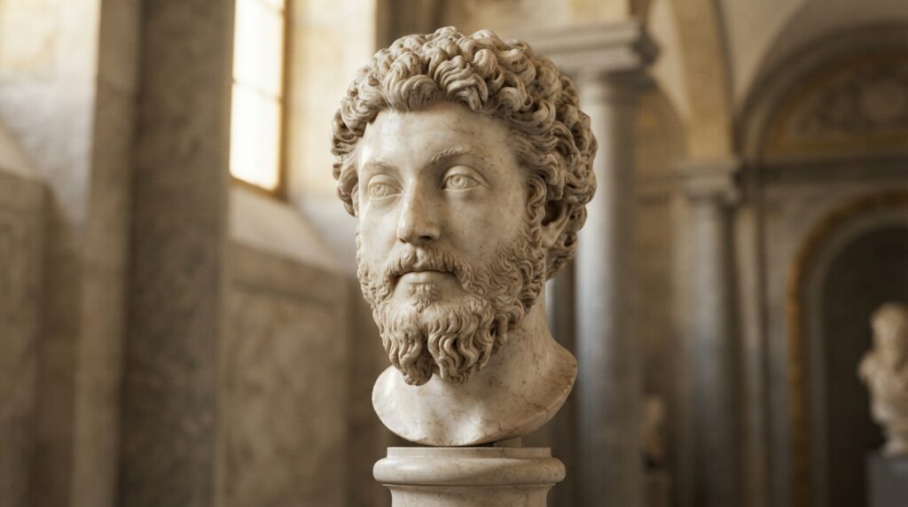 Busto de mármore inspirado nas esculturas históricas de Marco Aurélio, com barba encaracolada e expressão contemplativa sob iluminação dourada.