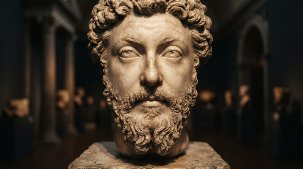 Detalhe de um busto de mármore de Marco Aurélio, destacando os olhos, a barba esculpida e a textura da pedra.