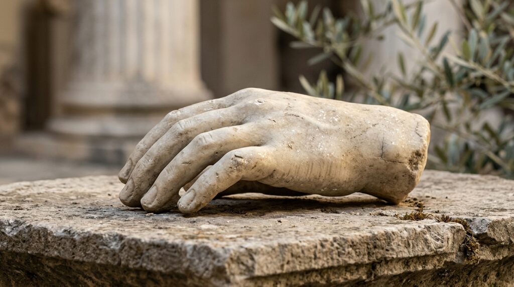 Mão de uma escultura romana repousa sobre uma superfície de mármore, simbolizando serenidade e disciplina.