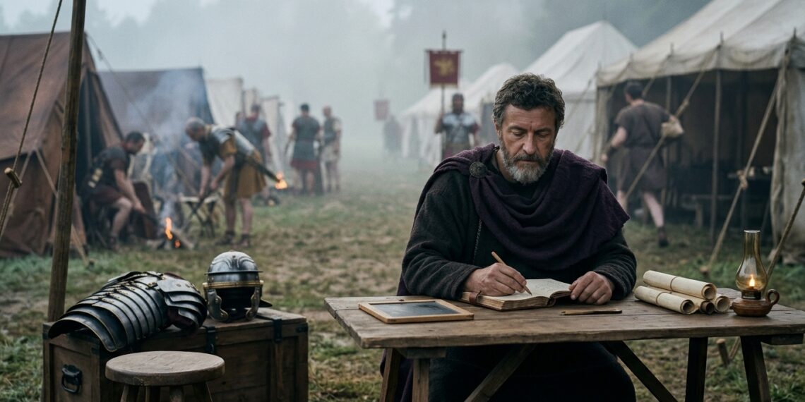 Marco Aurélio escreve em silêncio enquanto um acampamento romano desperta ao fundo.