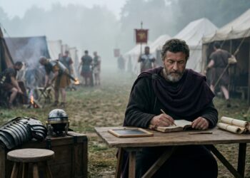 Marco Aurélio escreve em silêncio enquanto um acampamento romano desperta ao fundo.