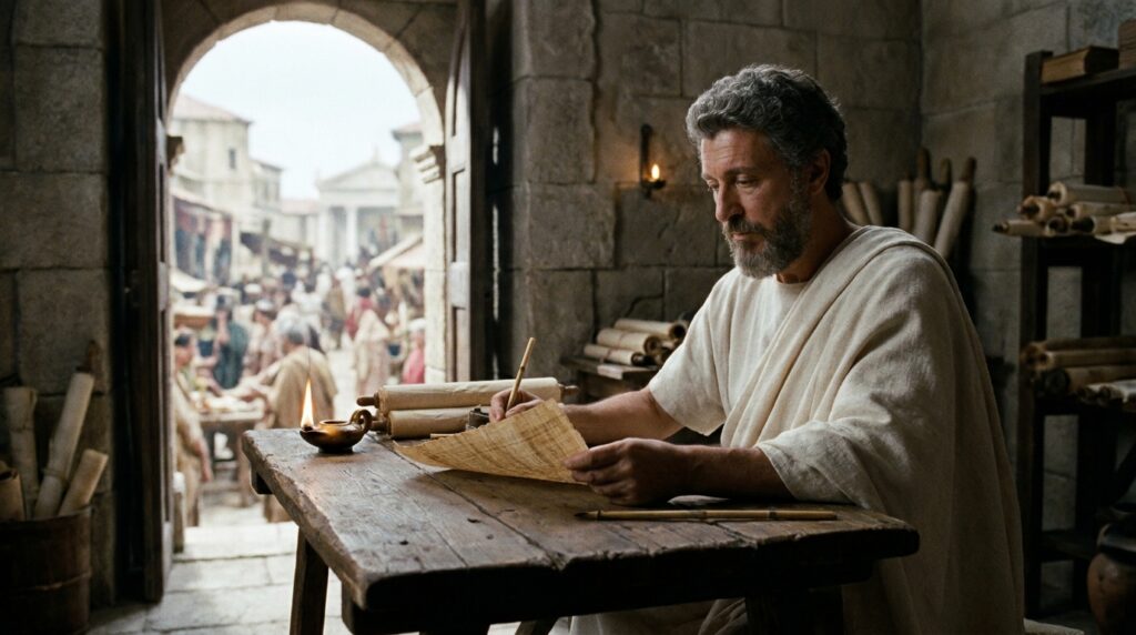 Marco Aurélio mantém uma postura serena em um acampamento romano durante uma situação de incerteza.