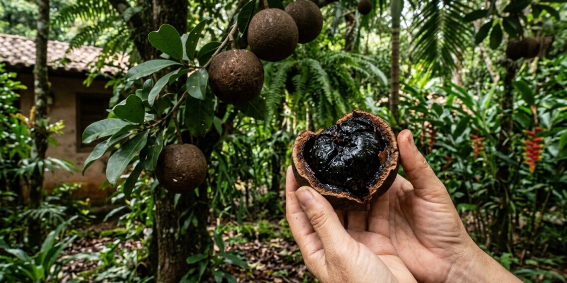 Fruto de casca grossa aberto revela polpa preta brilhante em árvore cultivada à sombra.