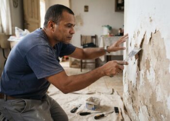 Pedreiro examina uma parede descascando com uma espátula para avaliar a aderência da pintura.
