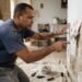 Pedreiro examina uma parede descascando com uma espátula para avaliar a aderência da pintura.