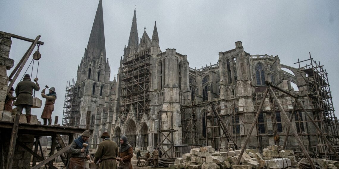 Catedral gótica medieval em construção, com torres de pedra, andaimes de madeira e trabalhadores medievais.