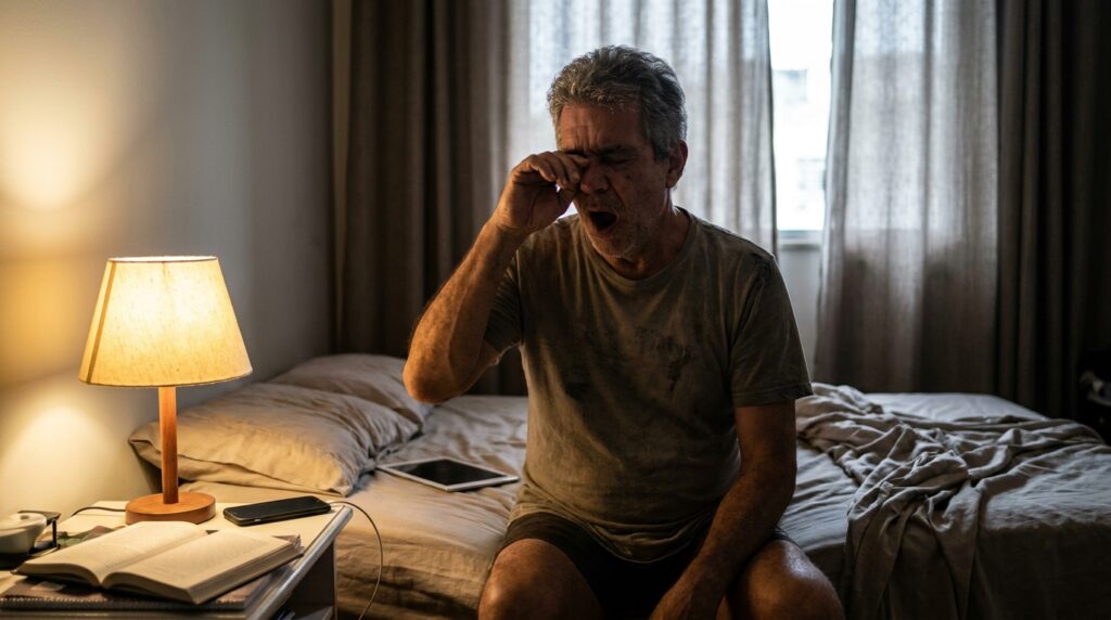 Homem acorda cansado apesar de ter dormido por várias horas.