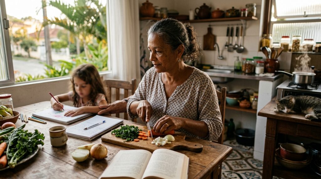 Mulher pratica pequenas ações diárias que representam escolhas conscientes e hábitos positivos.