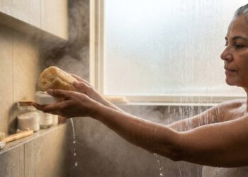 Mulher madura toma banho quente enquanto a pele apresenta leve ressecamento.