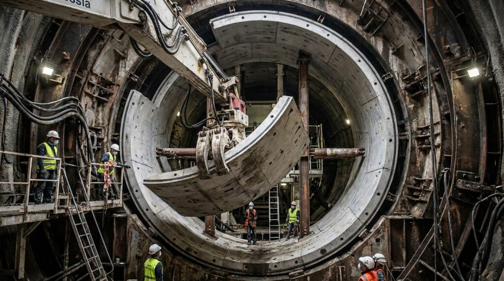 Braço mecânico posiciona uma aduela de concreto dentro do túnel.