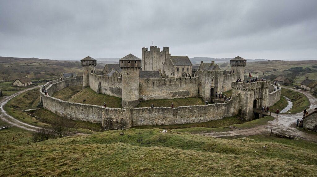 Castelo medieval com muralhas externas e internas, torres e ameias formando diferentes linhas de defesa.