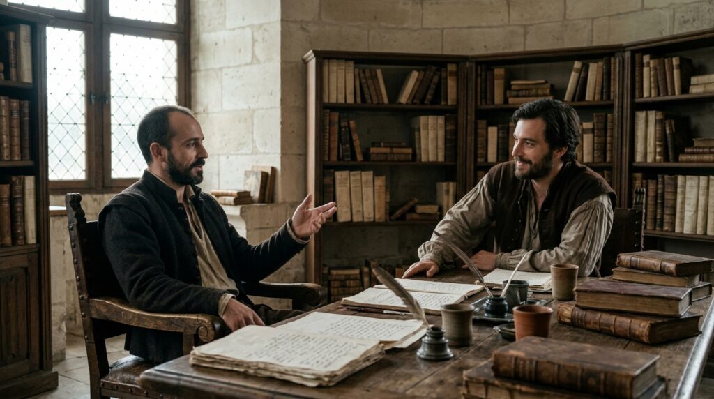 Montaigne e La Boétie conversam em um ambiente tranquilo que sugere confiança e afinidade profunda.
