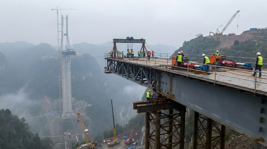 Equipamentos hidráulicos utilizados para movimentar e posicionar o tabuleiro metálico de uma ponte durante a construção.