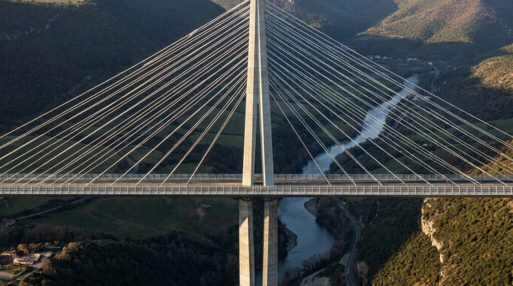Tabuleiro metálico do Viaduto de Millau sendo avançado sobre o vale durante a construção.