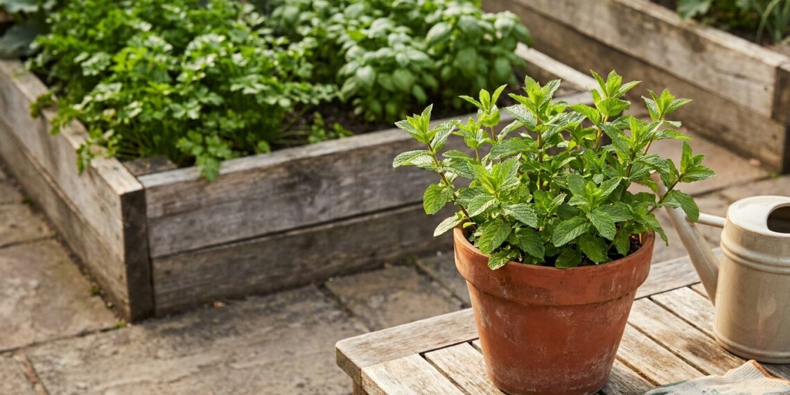 Hortelã verde e viçosa cultivada em vaso ao lado de outros temperos no jardim.