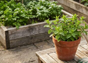 Hortelã verde e viçosa cultivada em vaso ao lado de outros temperos no jardim.