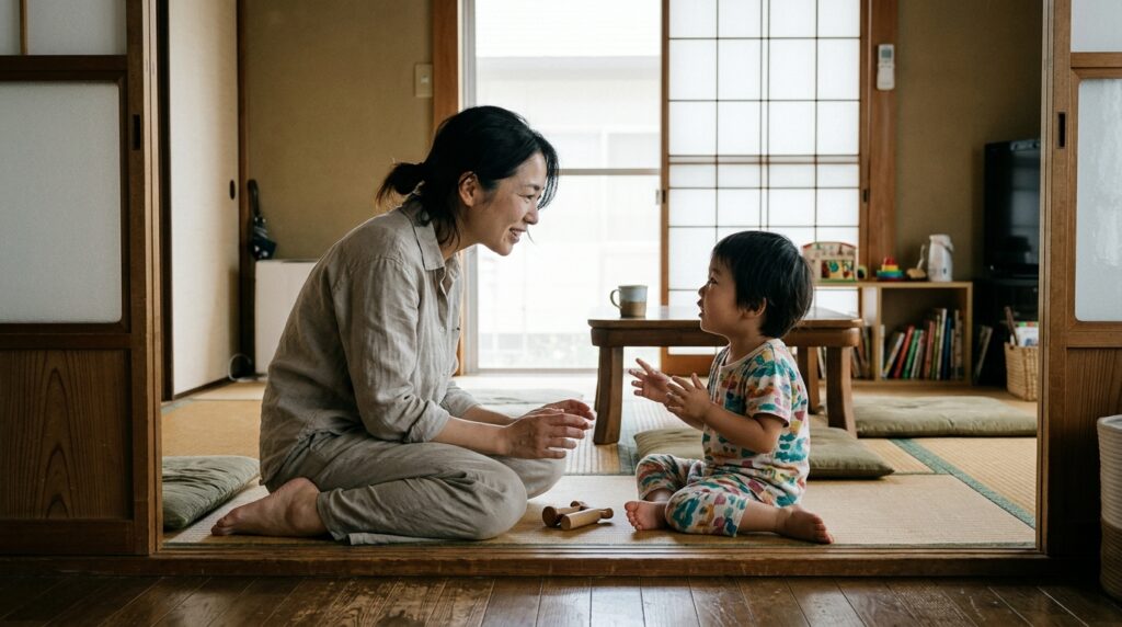 Mãe japonesa interage com o filho pequeno em um ambiente doméstico tranquilo.
