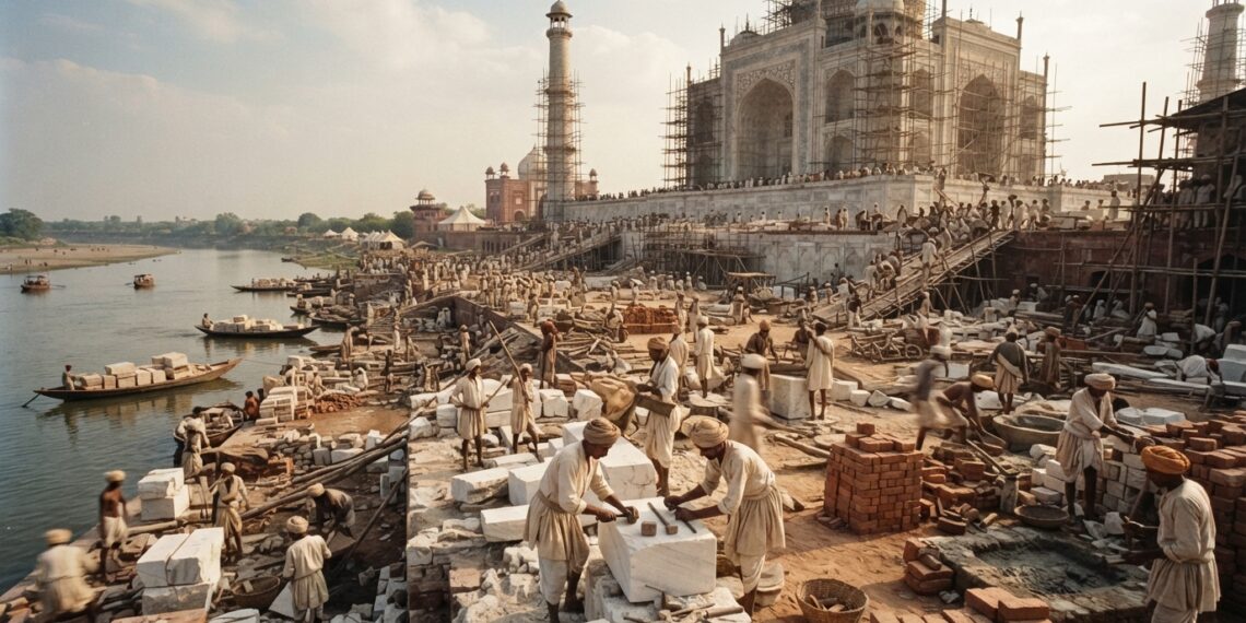 Reconstrução ilustrativa de artesãos mogóis trabalhando com pedras e tijolos durante a construção do Taj Mahal.