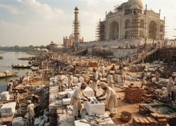 Reconstrução ilustrativa de artesãos mogóis trabalhando com pedras e tijolos durante a construção do Taj Mahal.
