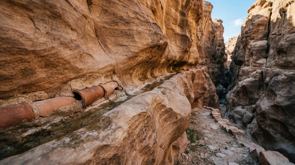 Canal escavado na rocha em uma garganta de arenito, ilustrando as técnicas antigas de condução de água em Petra.