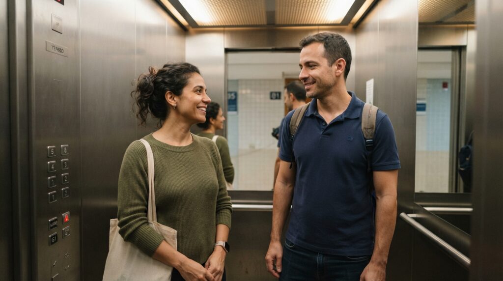Dois vizinhos conversam brevemente no elevador, com expressões naturais e postura descontraída.