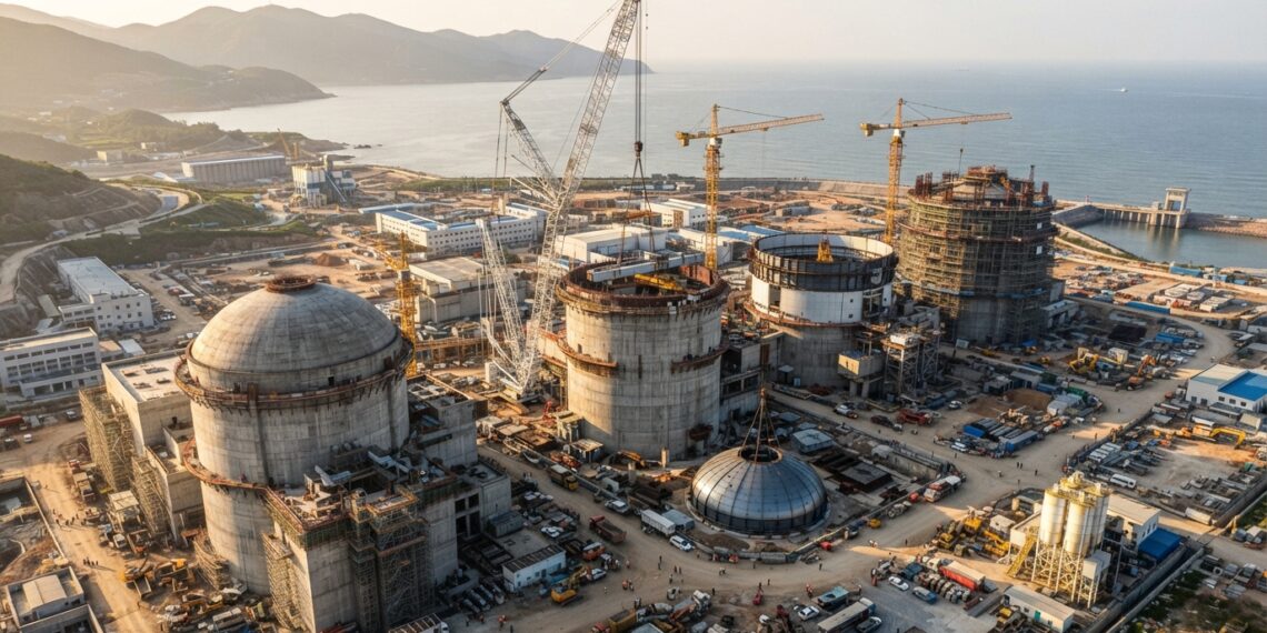 Vista aérea ilustrativa de uma usina nuclear chinesa em construção, com grandes edifícios de contenção de concreto e guindastes industriais.