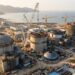 Vista aérea ilustrativa de uma usina nuclear chinesa em construção, com grandes edifícios de contenção de concreto e guindastes industriais.