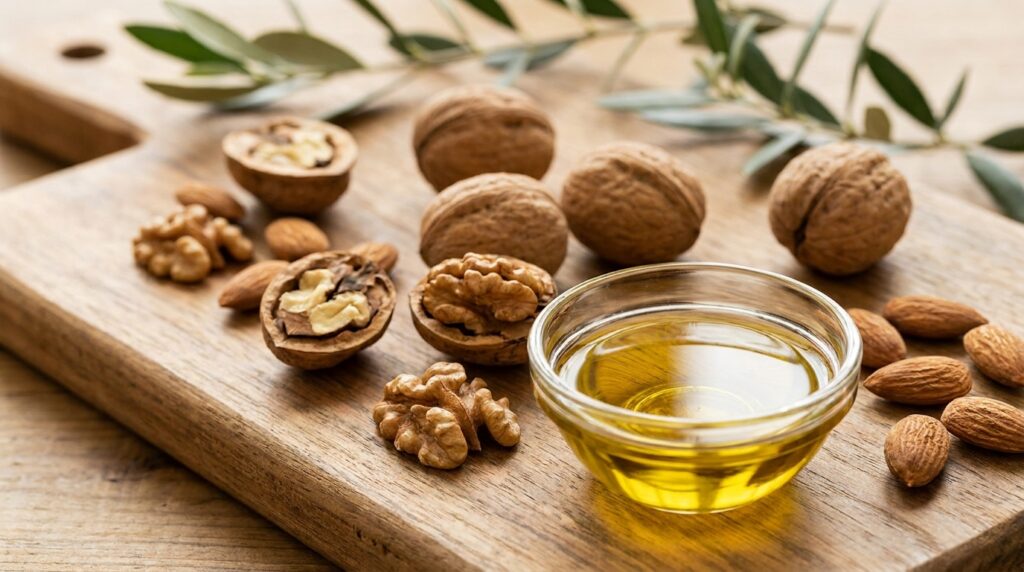 Amêndoas inteiras e cortadas ao meio, destacando a textura do alimento rico em fibras, vitamina E e gorduras insaturadas.