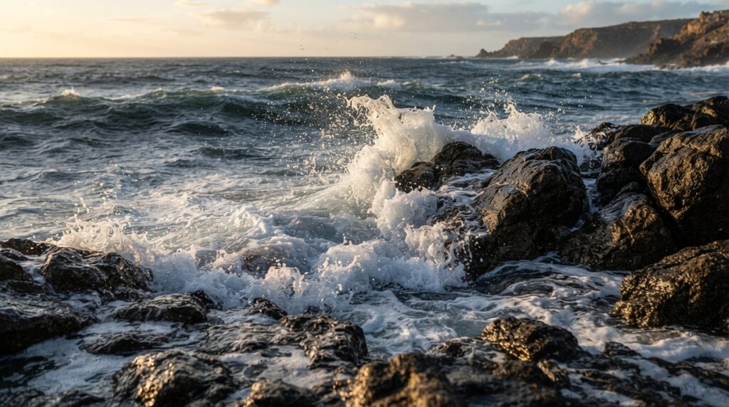 Ondas do Atlântico quebram contra rochas escuras na costa portuguesa.