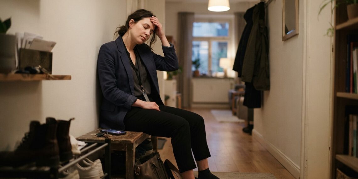 Profissional cansado chega em casa e faz uma pausa silenciosa após um dia de interações sociais.