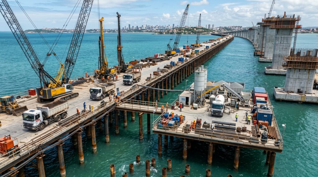 Ponte Salvador–Itaparica atravessa a baía com plataforma provisória e acessos por túneis em Salvador.