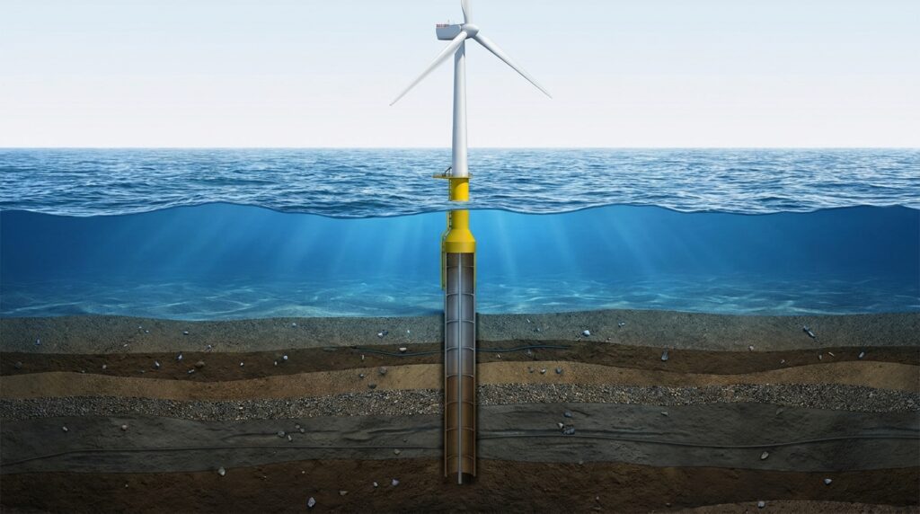 Corte ilustrativo de uma turbina eólica offshore apoiada em uma fundação de aço cravada no leito marinho.