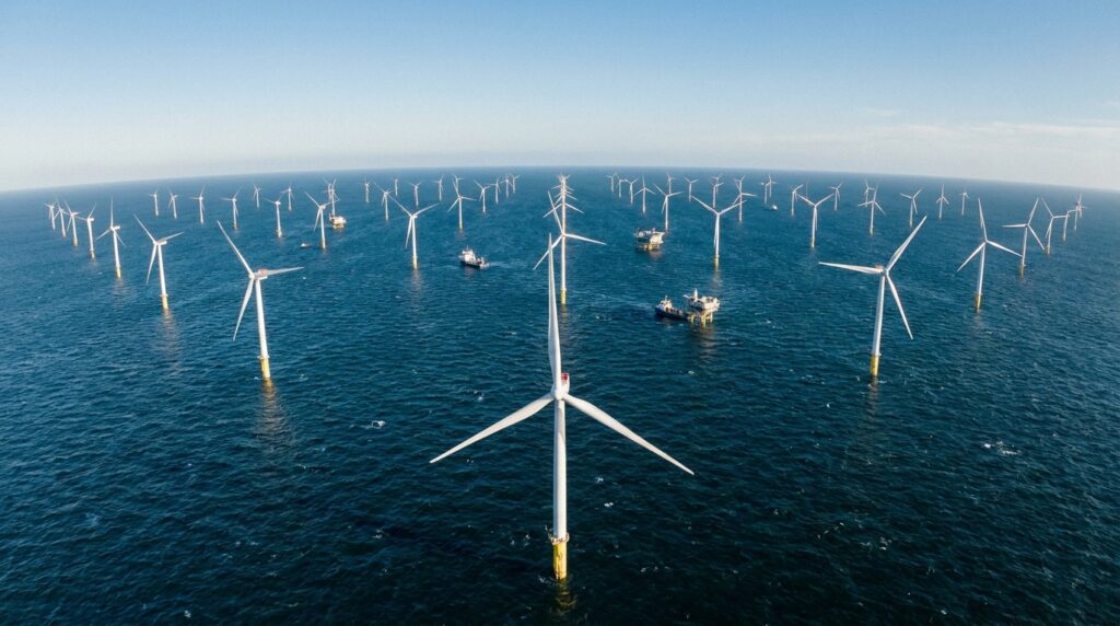 Rotor de uma turbina eólica offshore com pás gigantes durante uma operação de instalação no mar.