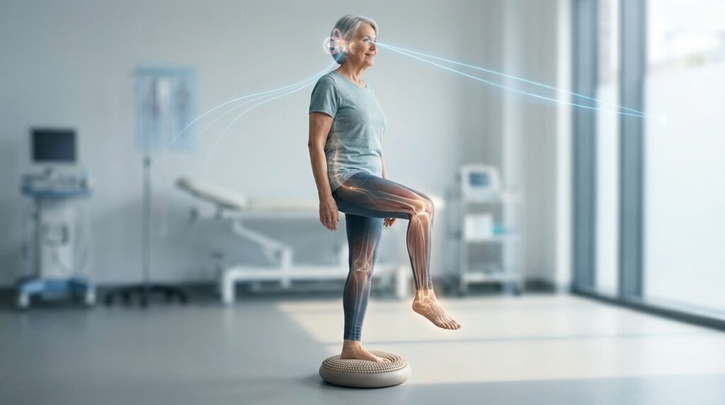 Pessoa idosa se equilibra em uma perna enquanto visão, sistema vestibular e propriocepção são representados de forma sutil.