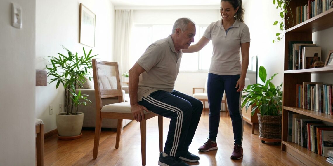 Pessoa com mais de 60 anos realiza exercício de sentar e levantar usando uma cadeira com supervisão profissional.