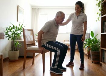 Pessoa com mais de 60 anos realiza exercício de sentar e levantar usando uma cadeira com supervisão profissional.