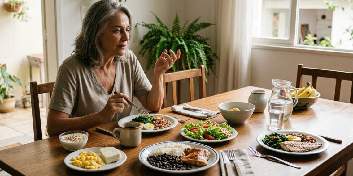 Pessoa com mais de 60 anos observa refeições com diferentes fontes de proteína ao longo do dia.