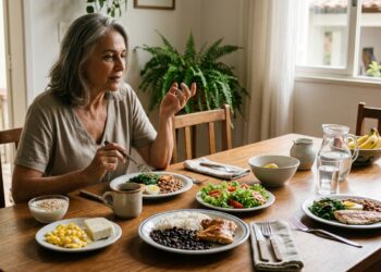Pessoa com mais de 60 anos observa refeições com diferentes fontes de proteína ao longo do dia.