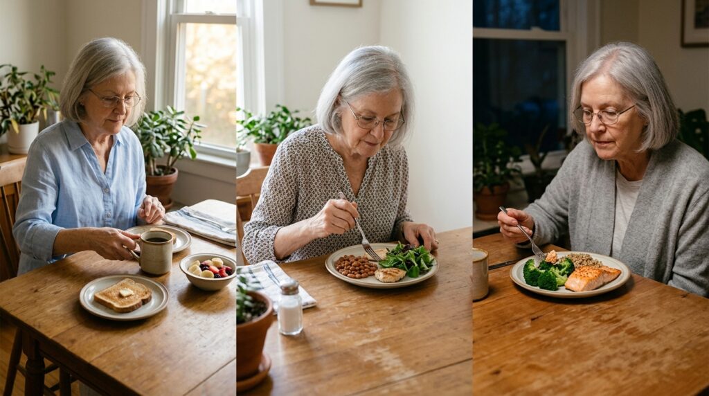 Refeições mostram pouca proteína pela manhã e maior concentração no jantar.