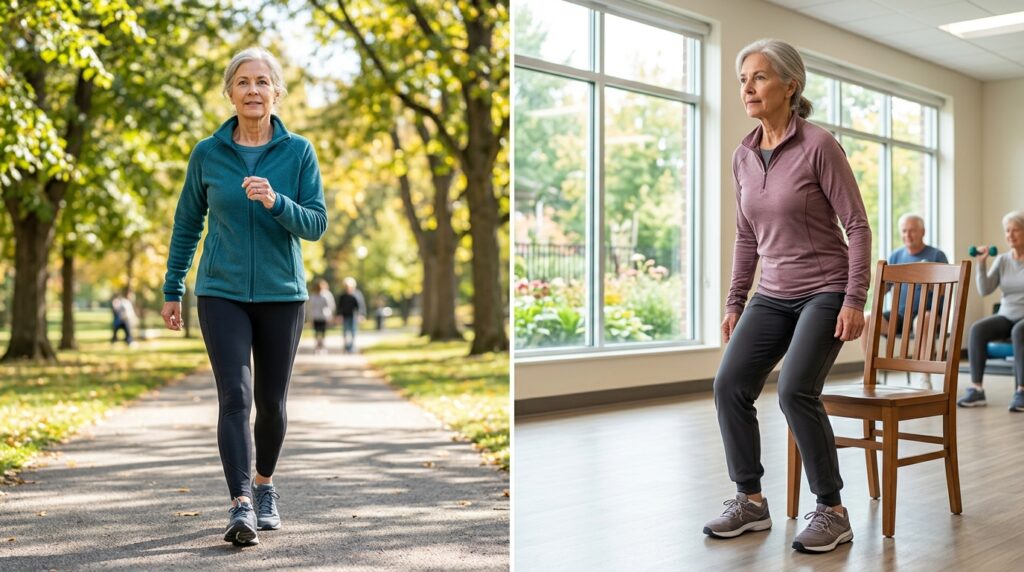 Pessoa com mais de 65 anos caminha e pratica sentar e levantar da cadeira como exercício de força.